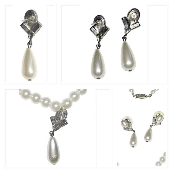 Vintage baguette rhinestones & faux Pearl drop beaded necklace with pierced - Picture 7 of 9